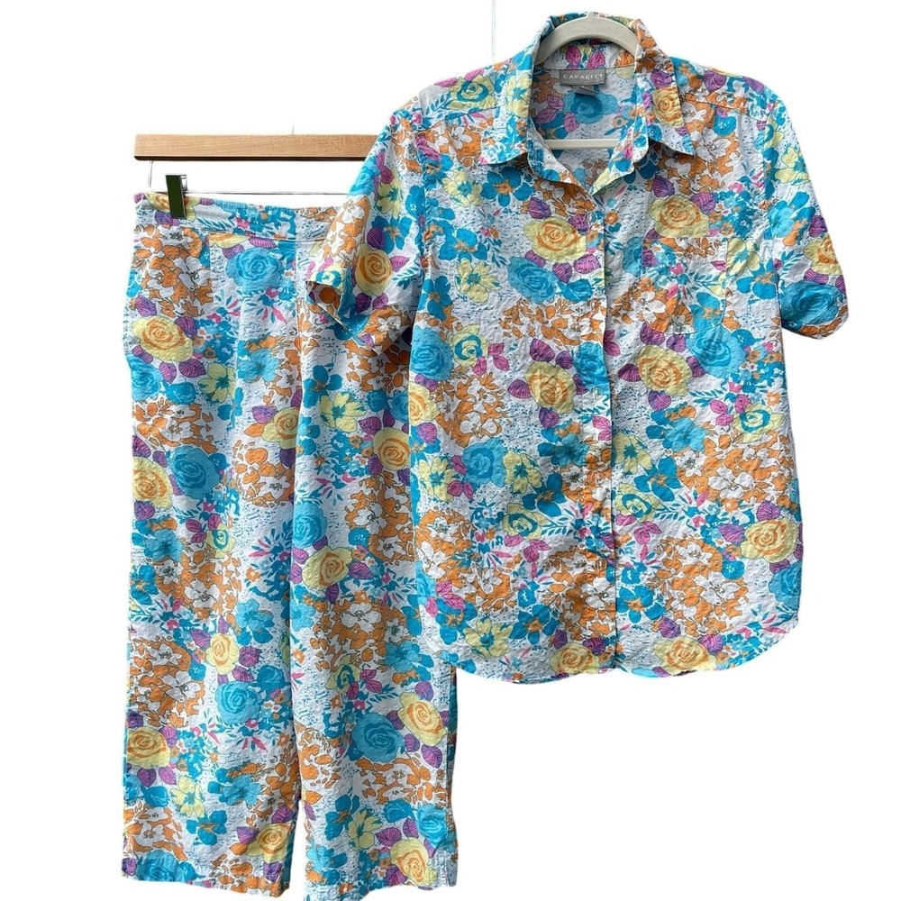 VTG Capacity Capri Set 80s Cotton Matching Floral Print High Rise Colorful Beach